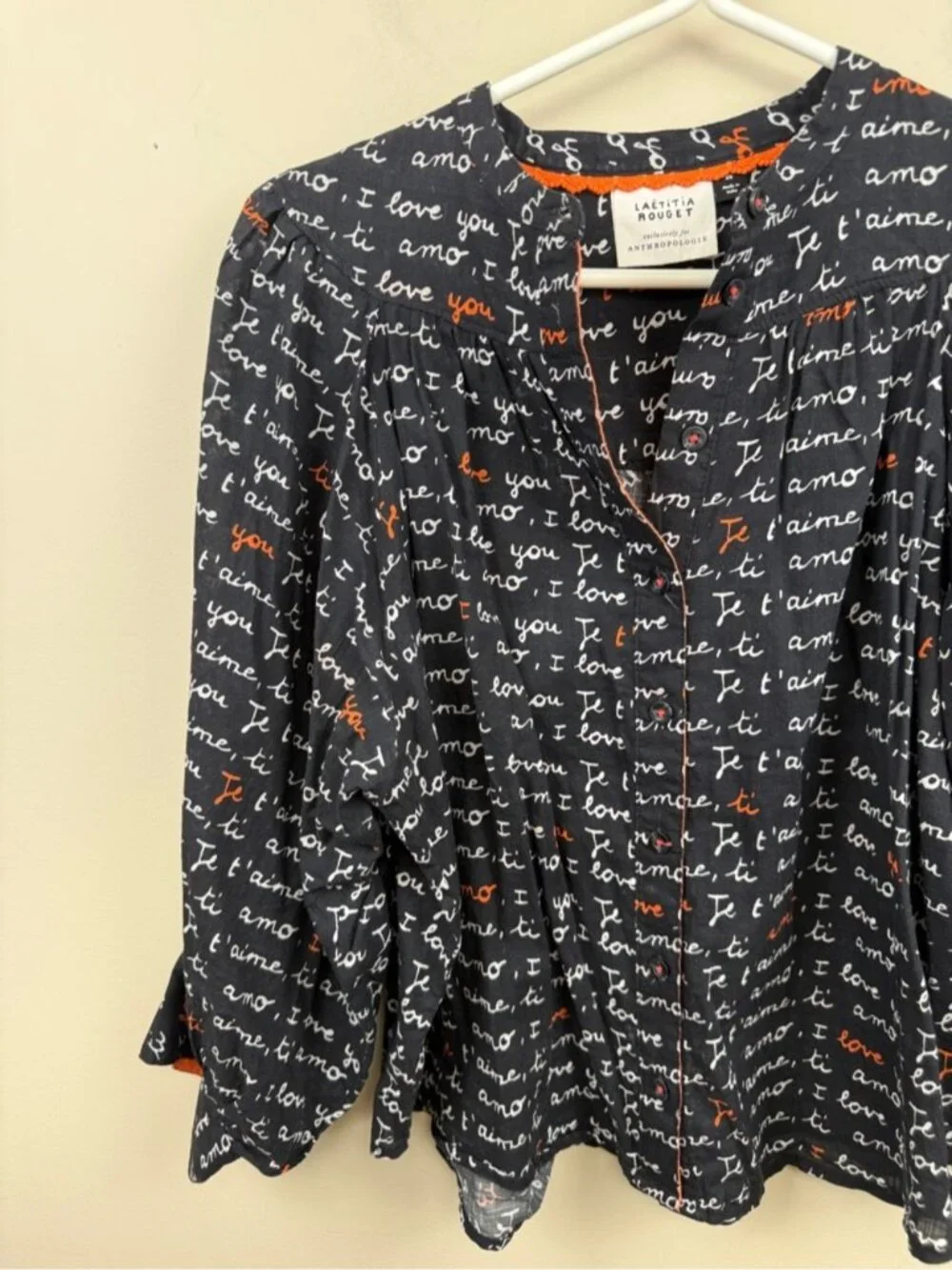 Anthropologie Laetitia Rouget I love you Puff-Sleeved Buttondown blouse small
